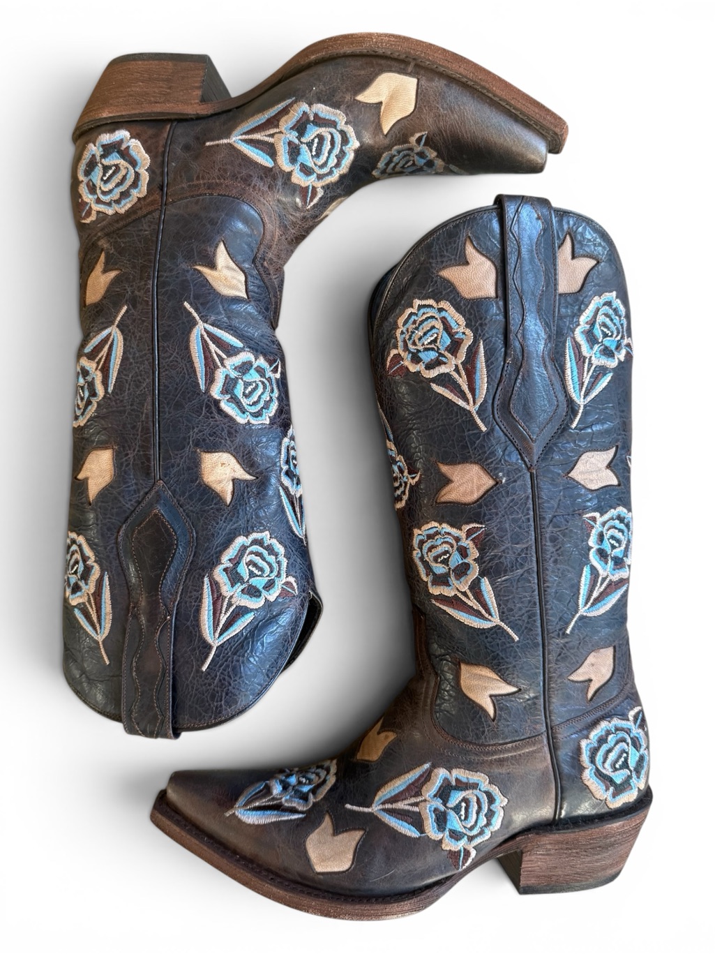 Black Star “Cimmerson” Blue/Cream Floral Embroidered Brown Leather Boots